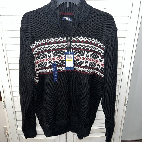 NWT IZOD Sweater Mens Med Black 1/4 Zip Pullover Nordic Fair Isle Snow Ski NEW - Picture 1 of 6